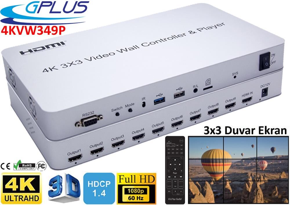 Gplus 4KVW349P 3x3 Video Wall Controller Ekran Genişletici + USB Player