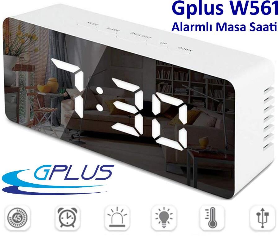 Gplus W561 Çift Alarmlı Dijital LED Termometreli Aynalı Alarmlı Masa Saati Beyaz