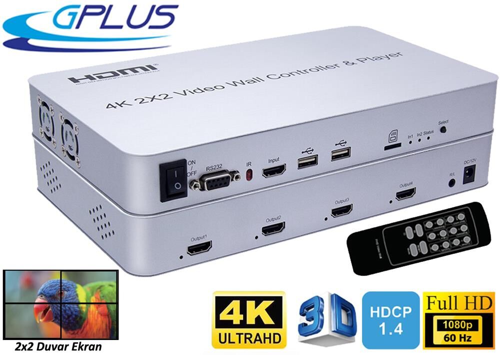 Gplus 4KVW244P 2x2 Video Wall Controller Duvar Ekran Genişletici Switch