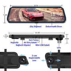 Novatek NT910+16GB Hafıza 10 inç Dokunmatik Aynalı Araç Kamerası