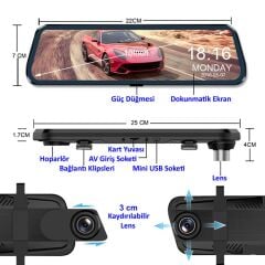 Novatek NT910+16GB Hafıza 10 inç Dokunmatik Aynalı Araç Kamerası