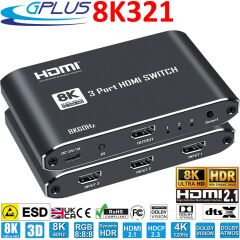 Gplus 8K321 3 Port 8K HDMI 2.1 8K 60Hz 4K 120Hz 1080P 240 Hz HDR 10 HDCP 2.3 EDID CEC Destekli Metal Switch