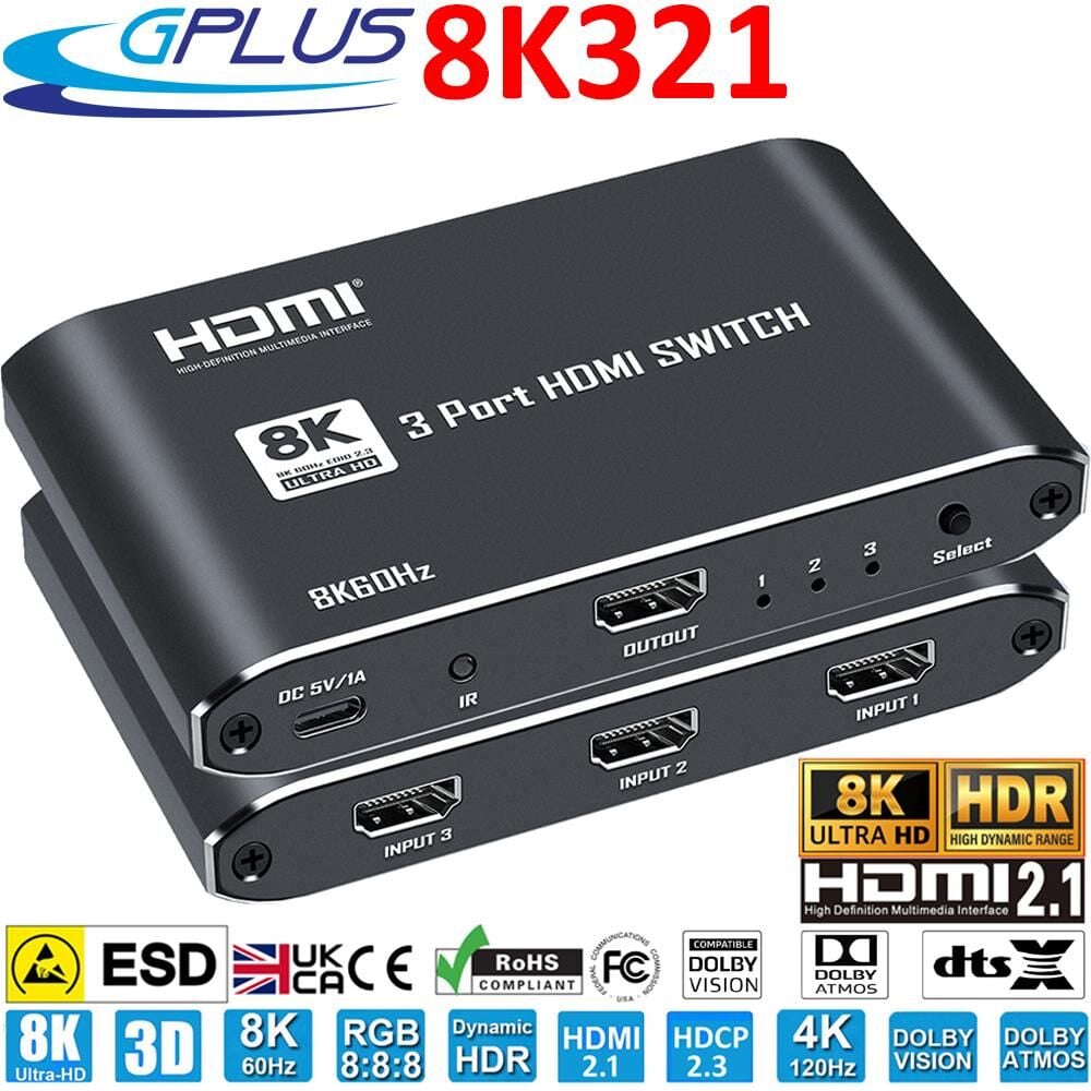 Gplus 8K321 3 Port 8K HDMI 2.1 8K 60Hz 4K 120Hz 1080P 240 Hz HDR 10 HDCP 2.3 EDID CEC Destekli Metal Switch