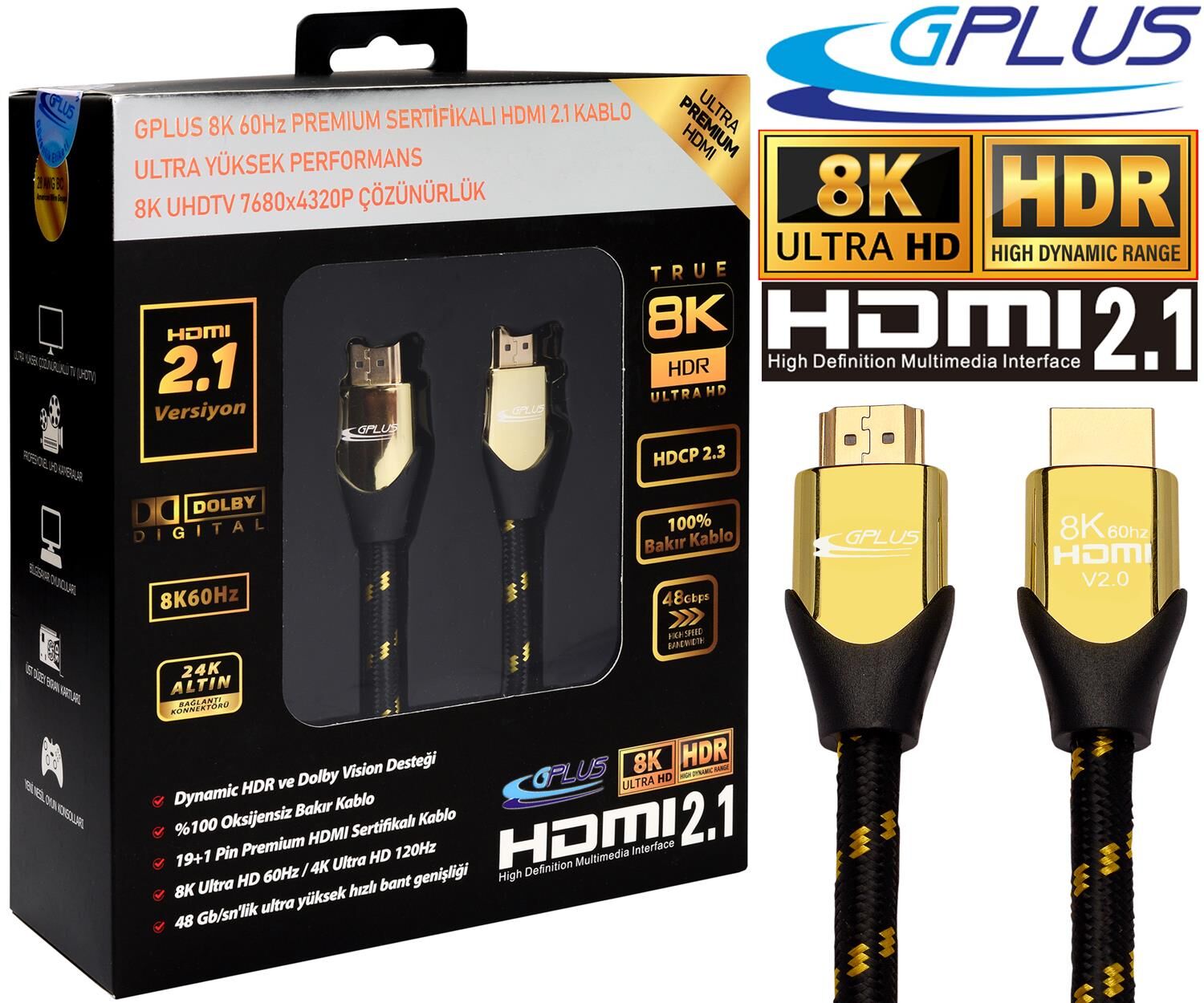 Gplus 8K 60Hz 48 Gbps HDCP 2.3 HDMI 2.1 eARC 26 AWG Örgülü Kablo 1 Metre
