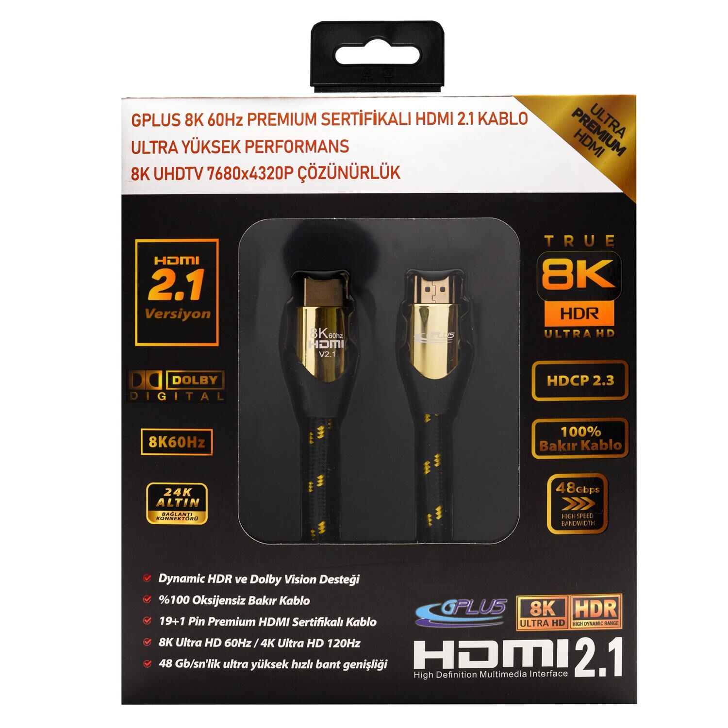 Gplus 8K 60Hz 48 Gbps HDCP 2.3 HDMI 2.1 eARC 26 AWG Örgülü Kablo 6 Metre